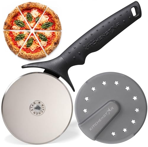 KitchenStar Pizza Cutter Wheel - 304 Stainless Steel Slicer Knife with Super Sharp Blade, Anti-Wobble Axle Mechanism, Ergonomic Non-Slip Handle & Protective Cover, Dishwasher Safe