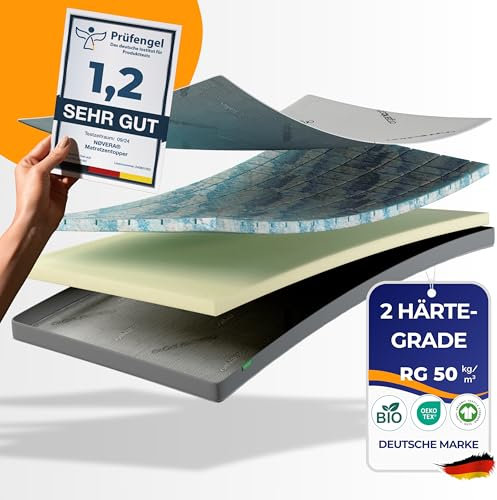 nøvera® Gel Topper 160x200cm Premium | Hohes RG 50 | H2/H3 | 7-Zonen Matratzentopper 160x200 - Hochwertige Bio-Baumwolle | 7cm Matratzenauflage 160x200 | Matratzen Topper | Mattress Topper