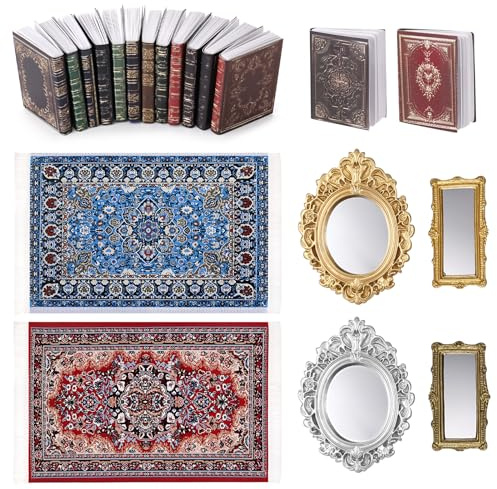 GSrenyu 18 PCS Doll House Accessories 1:12 Mini Books Doll House Rugs Mirrors Set Mini Dollhouse Accessories For Dollhouse Bedroom Decoration