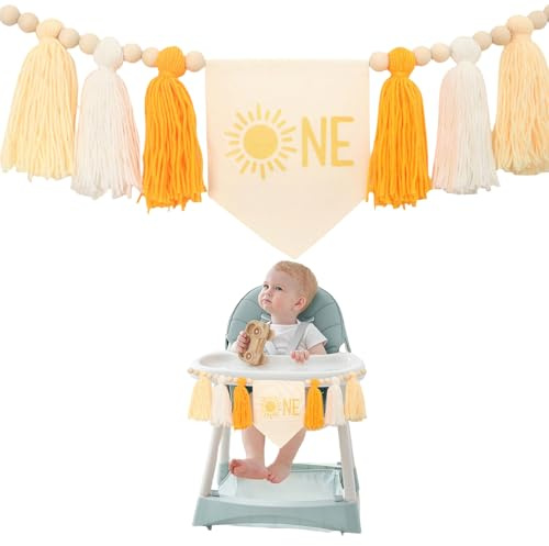 GlamRays First Birthday Boho Sun Highchair Banner - Sunshine Tassels First Birthday Party Decorations Yellow Tassel Wooden Beads Highchair Banner