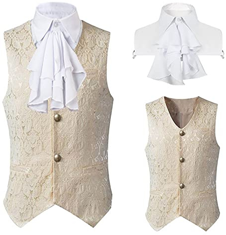 2 Pezzi Gilet da Uomo Victoria Gilet e Balze con Legatura Chic Sets, Jacquard Gilet Uomo Formale Uniforme Monopetto Vest Gotico Steampunk Vest Vittoriano Palazzo Abito Giacca per Halloween Costume