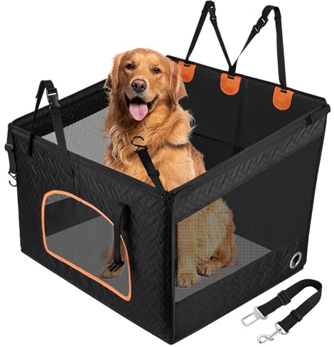 KYG grande seggiolino auto per cani per cani di taglia media e grande con tappetino, copertura estensibile impermeabile per sedile posteriore con 3 finestre in mesh, seggiolino auto pieghevole per