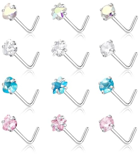 xwnyzw 12 PCS Nose Studs Silver, 4 Colors Diamond L Shape Nose Stud for Women, L Shaped Nose Piercing Jewellery Include Heart/Star/Round Diamond for Women Men Nose Jewellery Gift