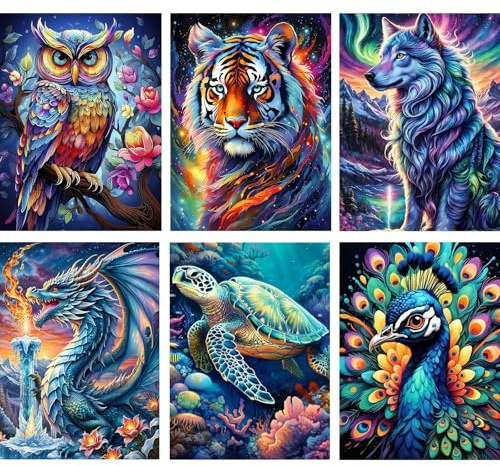 TLIOBLO 6 Packs Animals Diamond Painting Adults, 5D DIY Diamond Painting Fantasy Animals Kits for Adults Beginners, Full Drill Round Diamond Art Pictures Craft Set Gifts 30X40cm
