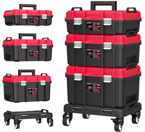 AIRAJ Cassetta Attrezzi Impilabile 3 Livelli con Ruote, Sistema Interbloccabile, Vassoio Rimovibile Integrato, Ruote 360° Bloccabili, Cassetta Impermeabile per Utensili Manuali ed Elettrici