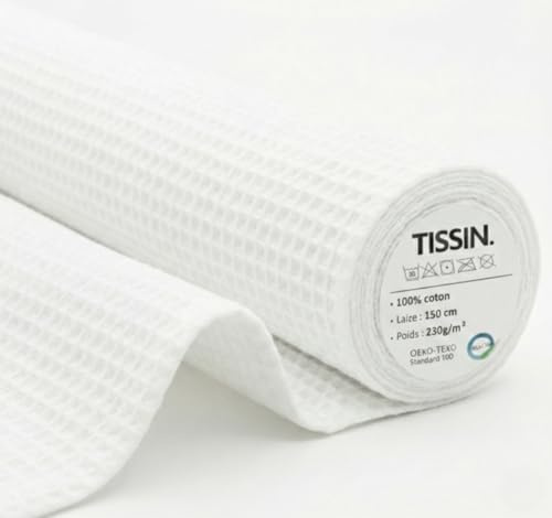 Tissu Nid d'Abeille - Blanc - Coupon 100x150 Cm - 100% Coton - Absorbant et Résistant - Idéal pour Serviettes, Torchons, Lingettes, Peignoir et Couture Maison - Oeko-Tex - Projet Couture DIY