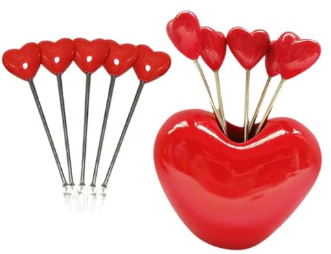 SHINYPASING Set 10 Piccole Forchette da Frutta con Manico in Metallo e Resina, Forchettine da Cocktail con Supporto a Forma di Cuore, per Dessert, Antipasti e Insalate, Accessori Cucina