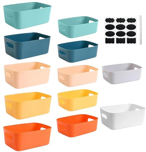 GAOHAN 12 Pack Plastic Storage Boxes with Handles,Colourful Storage Baskets | Plastic Storage Basket in 2 size,Stackable Cupboard Organiser,Cupboard Organiser Baskets for Kitchen, Bathroom, Office, Home