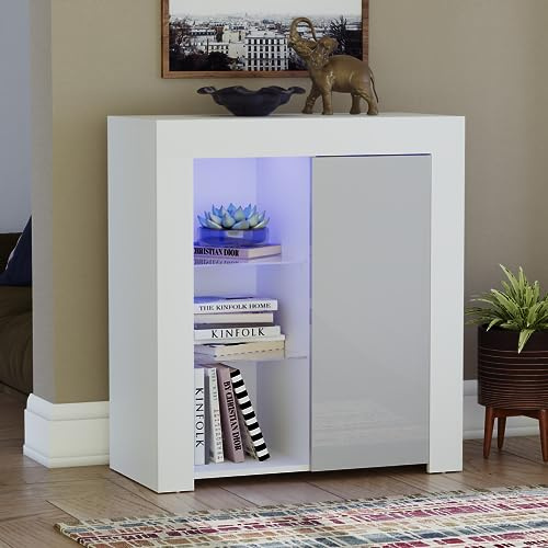 Vida Designs Azura Buffet LED Moderne 1 Porte Blanc et Gris, lumières RVB (Options de décoloration et de stroboscopique incluses), Haute Brillance, Standard