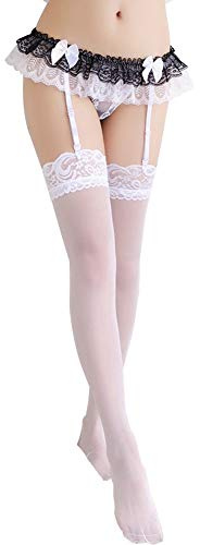 Reggicalze con Calze Altezza Coscia, [3 Pezzi] Donna Sexy Set Biancheria Intima Bretelle Regolabili per Giarrettiera in Pizzo con Collant Fine e Perizoma per Sposa Fidanzata Matrimonio (Bianco)