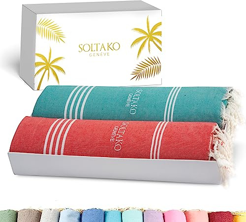 SOLTAKO Fouta Bali Premium Lot de serviettes de bain Corail/jade 100 x 200 cm