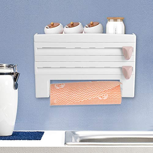 Dispensador de Rollos de Cocina con Cortador de Film y Especiero, para Papel de Aluminio, Film Transparente y Toalla de Cocina, 39 x 10 x 24 cm(Blanco)
