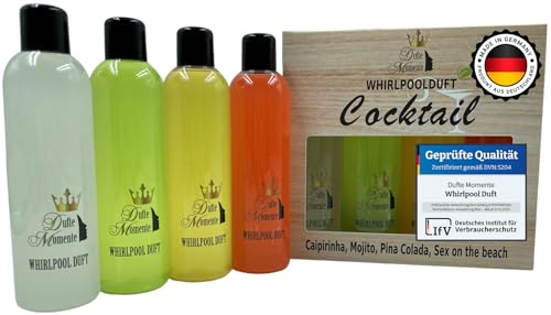 Dufte Momente | Whirlpool Duft 4 x 250ml - Caipirinha, Mojito, Pina Colada, Sex on the Beach | Badezusatz | mit naturreinen und natürlichen ätherischen Ölen | kein Schaum | vegan und ohne Tierversuche