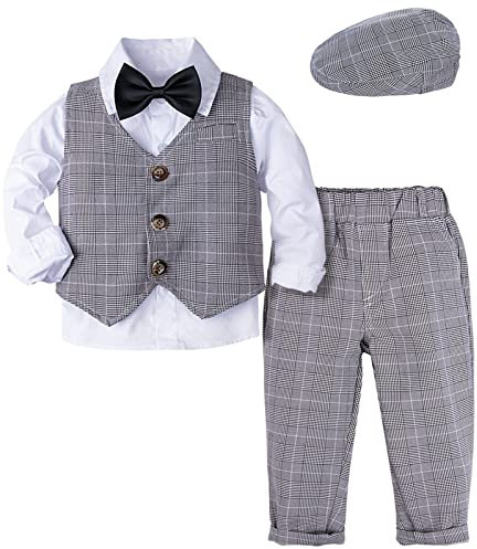 mintgreen Baby Anzug Junge, Hochzeit Taufe Smoking Gentleman Outfits mit Kappe, Graues Plaid, 3-4 Jahre, 110
