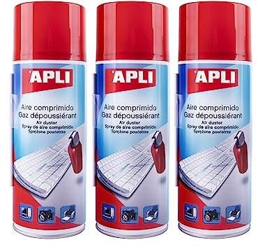 APLI 19657- Pack de 3 Aires comprimidos de limpieza en seco; 3 sprays de 400 ml. Aerosol apto para teclados, ordenadores y dispositivos electrónicos
