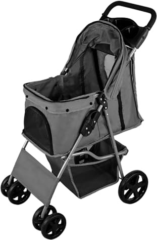 Hundewagen Klappbarer Buggy | bis 15kg | 4 Räder: 2x 360° 2x Bremsen | Für Tiere Hunde Katze | Mit Karabinerhaken Netzfenstern Abnehmbar Kissen Aufbewahrungskorb Getränkehalter & Regenschutz [Grau]
