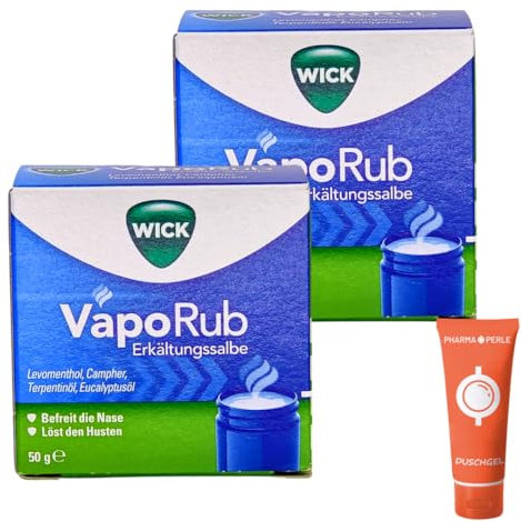 Wick VapoRub Erkältungssalbe, 2x 50 g I zur Anwendung auf der Haut und zur Inhalation I bei Erkältung, verstopfter Nase, Husten I erholsamer Schlaf I Spar-Set plus Pharma Perle give-away