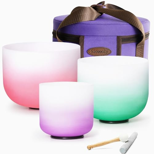 Siceeoly 8B 10F 12C Set of 3 Red Green Purple Light Color Singing Bowls Frosted Chakra Quartz Sound Healing Crystal with Travel Carry Case Bag Mallet Suede Striker O-ring