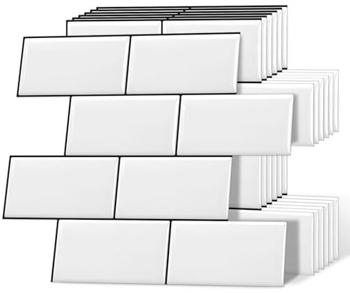 DEWOO Autoadhesivos Azulejos Baldosas Adhesivas Pared Adhesivos Metro Ladrillo 3d Cocina Baño Blanco, 10-Piezas (32 x 27cm)
