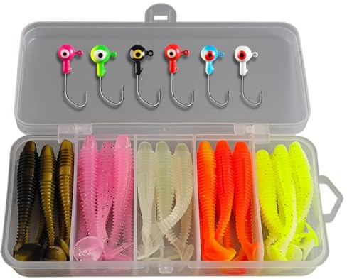 Buaak 37pcs Fishing Lures, Lure Box, 6 Jig Heads, 30 Soft Plastic Lure s, Soft Bait Head, Trout - Freshwater & Saltwater Artificial Lures, for Fishin g Bass, Trout, Pike, Walleye, Perch, Crucian Carp