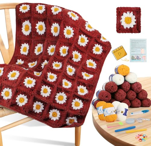 Coopay Kit de ganchillo para principiantes, kit de manta de ganchillo con cuadrados de abuela con instrucciones y suficiente hilo, kit completo de iniciación de ganchillo fácil de aprender a hacer