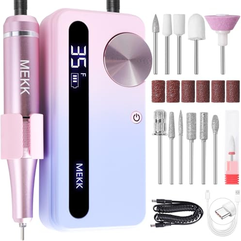 MEKK Nail Drill Kit,35000RPM Electric Nail Drill Professional Electric Nail File with 12PCS Bits,Anti-Shaking Cordless E Filer for Nails with LCD Display,Home & Salon (Pink-Blue)