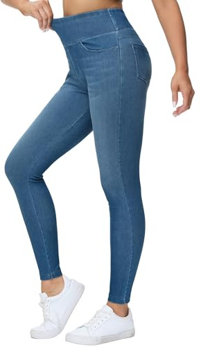 THE GYM PEOPLE Women's High Waisted Jeggings Pants Stretchy Tummy Control Skinny Jean Leggings with Pockets Denim Blue