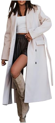 Manteau d'hiver long et élégant pour femme - Manteau en laine à double boutonnage - Manteau de transition - Manteau long à revers - Couleur unie - Coupe-vent - Coupe ajustée - Manteau d'affaires