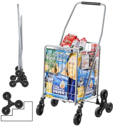 VEVOR Treppenkarre, 45 l, Treppensteiger-Einkaufswagen mit 360°-Lenkrädern, Treppensteiger-Mehrzweckwagen mit DREI Rädern, faltbar, zusammenklappbar Transportkarre, Ideal für Wäschetransporte, Silber