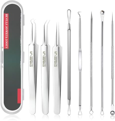 SUNNIFLY Kit Pulizia Viso, 8 Attrezzi per Togli Punti Neri e Schiaccia Brufoli, Set Professionale Attrezzo Punti Neri Rimozione, Include Ago per Acne, Pinza Cellulare, Pinzette, ecc