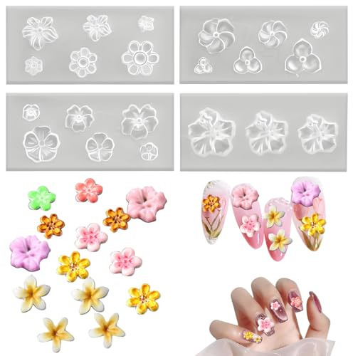 Lot de 4 moules en silicone pour décoration d'ongles en forme de fleur, moules 3D pour nail art, pochoirs floraux, outils de décoration de manucure, fournitures réutilisables