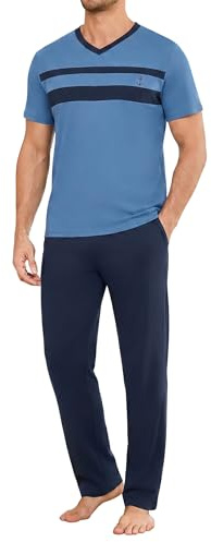 Marvmys Pigiami Uomo Cotone Due Pezzi Scollo a V Maniche Corte e Pantaloni Pigiama Lunghi Colori Contrastanti Completino per Casa Leggero Morbido
