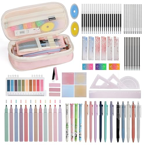 108 PCS Aesthetic Stationery Set with Pencil Case, 12 Pastel Highlighters, 4 Erasable Pens, 5 Gel Pens Black Ink, 6 Mechanical Pencils, Stationary Set for Students, Note-taking & Journaling