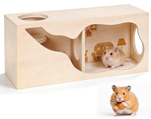 Piashow Hamsterhus av trä, hamsterhus, flerkammarhus, hamster gömställe med platt tak och ventilationshål, 30 x 12 x 12 cm, dvärghamstertillbehör för racingmöss, igelkott, råttor, möss