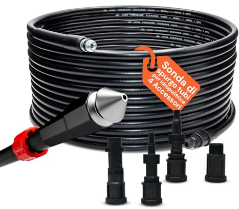 Daimann Sonda Sturatubi 15 Metri per Idropulitrice - Tubo Alta Pressione Flessibile con Ugello Autopropellente - Include 4 Adattatori Universali - Per Scarichi, Condotti e Tubazioni Intasate