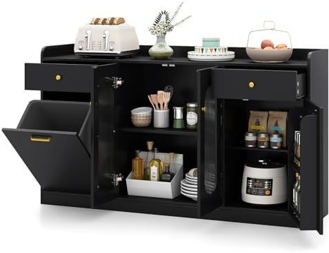 Giantex 55 Farmhouse Buffet Cabinet, Large Credenza w/Hidden Tilt Out Trash Can, 2 Glass Doors, 2 Drawers & Adjustable Shelves, Modern Sideboard Coffee Bar Cabinet for Kitchen, Dining Room (Black)