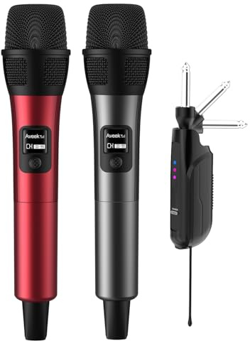Aveek Micrófono Inalámbrico, Alcance 80 m, Autonomía 40 h, Rojo & Gris