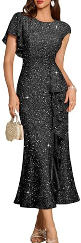 DRESSTELLS Sparkly Cocktail Dress for Women Formal Wedding Guest Mermaid Slit Evening Dress with Flutter Cap Sleeve Black 2XL