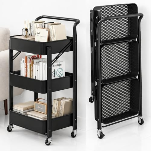 3-Tier Storage Trolley on Wheels, Space-Saving Kitchen Metal Trolley Foldable Cart with Handle, Storage Trolley on wheels for Small Spaces, Vegetable Rack for Kitchen, Bathroom, Living Room, Black