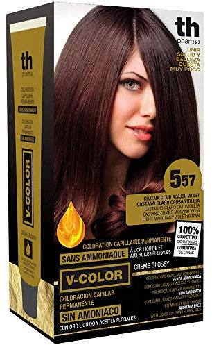 Thader Th Pharma V-Color Kit de Tinte permanente Sin Amoniaco con Oro Líquido 100% Cobertura de canas, 120 ml (No. 5.57 Castaño claro caoba violeta)
