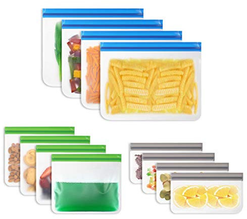 Vicloon Sac Congelation Reutilisable,12pcs Sac Stockage Nourriture Réutilisables,PEVA Sac de Conservation Nourriture Réutilisables pour Conservation Légumes, Fruits Viande, Poissons et Pain