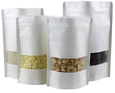 Allbusky 50PCS Kraft Paper Stand Up Food Bags, Reusable Ziplock Seal Bags, Kraft Paper Food Storage Pouches, White Kraft Paper Food Packing Bag with Transparent Window, 9x14cm