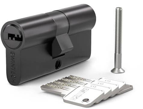 Bwintech 1 Cylindre en laiton Euro 30/30mm, serrure à clé/barillet de 60mm avec 5 clés horizontales en laiton,anti-crochetage, anti-perçage, anti-claquement, anti-choc,noire