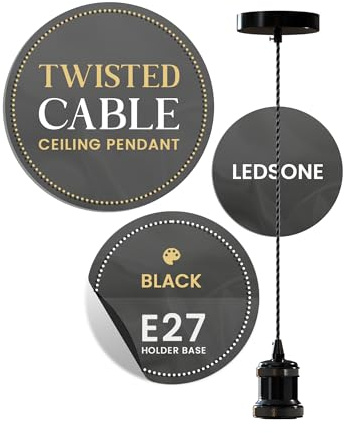 Industrial Black E27 Pendant Light Adjustable Cable Hanging Lamp Kit | Metal lamp holder and ceiling rose with flexible height adjustment ideal for kitchens, dining areas, bedrooms, cafés and bars