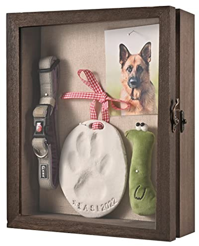 Gognlvn Caja de Sombra Conmemorativa para Mascotas con Kit de impresión de Huellas de Arcilla, Marco de Madera para Perros y Gatos, Adorno como Recuerdo de pérdida de Mascotas y Regalos para los