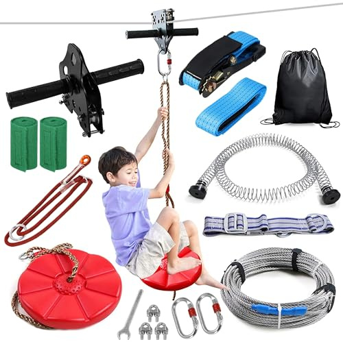 SPRINGOS Fune da 30 m per bambini, set con carrello scorrevole, sedile, freno di sicurezza e protezione per alberi, fino a 120 kg, dispositivo da arrampicata per esterni