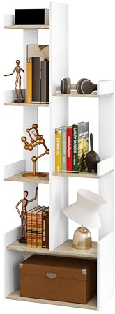 EUGAD Bücherregal in Baumform, Regal, Standregal, Bücherschrank, mit 8 Fächern, für Bücher CD DVD, mit Rückenwänden, für Wohnzimmer Büro, aus Holzwerkstoff, 49x146x25 cm, weiß, helle Eiche