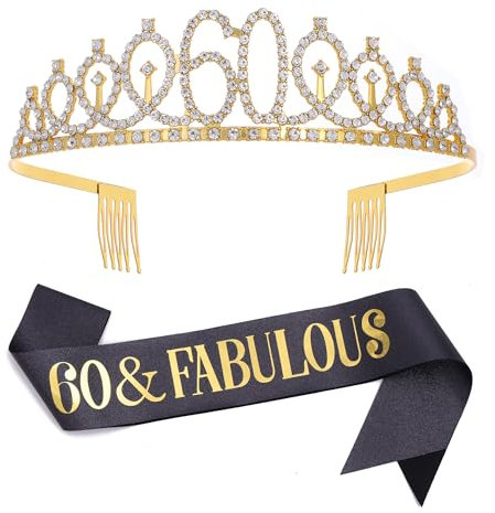 Ensemble écharpe et diadème en strass avec inscription « 60 & Fabulous » - Cadeau d'anniversaire pour femme - Noir et doré - Décoration de fête d'anniversaire pour 60e anniversaire - Noir, Large,