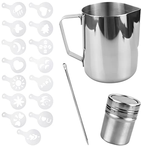 Milk Jug 600ml, Milk Jug for Coffee Machine, Powder Shaker with Lid, Pull Flower Moldan and Latte Art Pen Stainless Steel Milk Frothing Pitcher, for Hot Chocolate Cappuccino Coffee Latte Art Maker