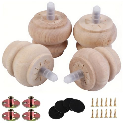 Txcucc 2 Inch Wooden Unfinished Bun Feet for Dresser Legs Couch Sofa Cabinet Ottoman DIY Replacement Wood Furniture Legs Set of 4 M8 Bolt Screw in (2”) Patent Application